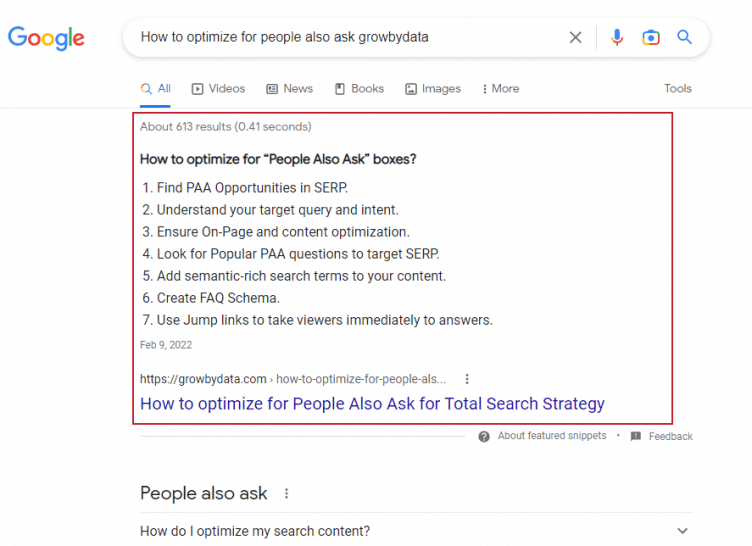 Featured Snippets - listicle listings